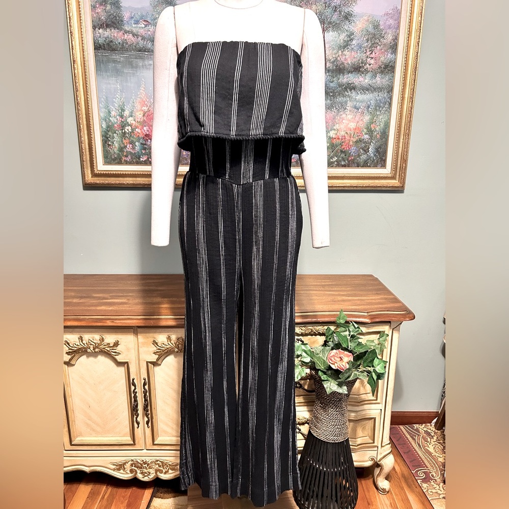 A New Day Strapless Black & White Striped Strapless Embellished Trim Jumpsuit